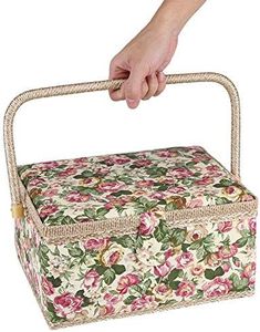 Garden Rose Sewing Box (G Type), Fabric Floral Printed Sewing Basket Craft Box Household Sundry Storage Organizer with Handle Built-in Pin Cushion Interior Pocket
