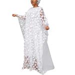 HD African Women Applique Flower Dress Boat Neck Chiffon Kaftan Dress One Size, White, One Size