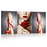 KREATIVE ARTS 3 Piece Canvas Print Beauty Fashion Woman Portrait with Red Rose Flower Red Lips and Nails Wall Art Luxury Makeup and Manicure Poster Framed Art Work for Spa Salon