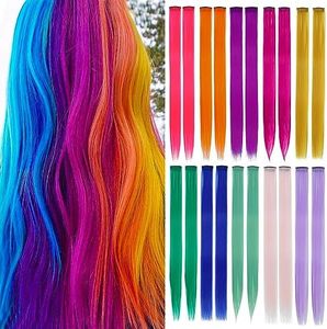 Dmovinse 20 Pcs Colored Clip in Hair Extensions Colorful Party Highlights 22 Inch Straight Multi-colors Rainbow Synthetic Hairpieces for Kids Girls Women (10 colors)