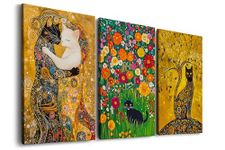 Gustav Klimt Canvas Wall Art Vintage Black Cat Painting, Cute Posters Cat Room Decor - Famous Paintings with Cats Reproduction, Klimt Tree of Life The Kiss Garden - Framed Set of 3 Ready to Hang