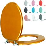 BLOFDE Round Toilet Seat Wood Toilet Seat Prevent Shifting with Zinc Alloy Hinges American Standard Size Toilet Seat Easy to Install also Easy to Clean(Round,Sparkling Classical Gold)