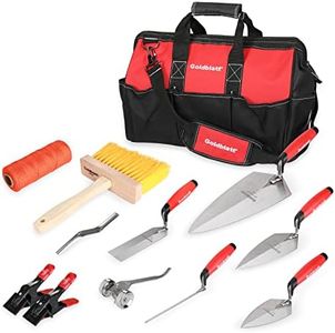 Goldblatt 12PC Masonry Hand Tool Set Organized in Tool Bag - Philadelphia/Pointing/Margin/Tuck Pointing Trowel, Skate Wheel Joint Raker, Convex Brick Jointer, String Line & Jag-clamp, Masonry Brush