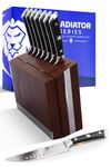 DALSTRONG Steak Knife Set - 8 Piece - 5 inch Straight Edge Blade - Gladiator Series Elite - Forged High-Carbon German Steel Dinner Kitchen Knife - Black G10 Handle - Folding Block Set - NSF Certified