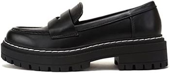 Soda “Eureka” ~ Women Slip On Platform Penny Loafer Lug Sole with Stitched Detail, Black Pu, 7 UK