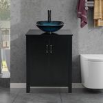 Puluomis 24 Inch Bathroom Vanity, Modern Stand Pedestal Cabinet, Wood Black Fixture with 2 Doors, Blue Square Glass Sink Top with Single Faucet Hole