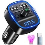 Bluetooth 5.3 FM Transmitter Car Radio Adapter,Wireless FM Bluetooth Transmitter Receiver Car Kit with 2 USB Port Car Charger,Handsfree Calling,Music Player Support TF/Disk,Ambient Light,USB C Adapter