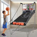 GYMAX Basketball Arcade Game, Foldable Basketball Game with 8 Game Modes, Voice Prompt, Double Hoops and Scorer, Indoor Outdoor Basketball Hoop Game for Kids Adult (Silver+Black)