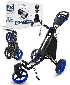 SereneLife Golf Cart Lightweight Foldable Golf Push Cart - Aluminum Folding Trolley with Adjustable Handle, Elastic Bag Straps, Dual Brakes, Scorecard & Cup Holders for Easy Maneuverability
