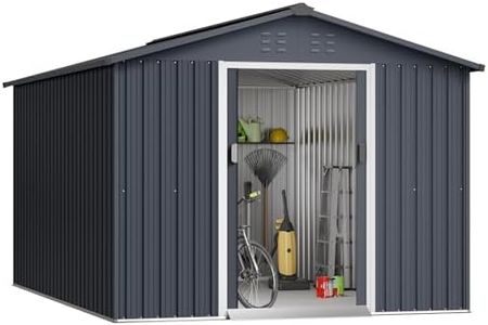 Zstar 15' x 8' Metal Outdoor Storage Shed, Utility Tool Shed Storage House with Singe Lockable Door & Sloping Roof, Waterproof Metal Garden Sheds for Backyard, Patio, Outside Use, Grey