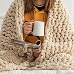 HEARTH & STONE Chunky Knit Blanket 50"x60" - Fluffy Weighted Throw Blanket - Hand Made Yarn Knitted Braided Warm Blankets for Bed Sofa (Oat White)