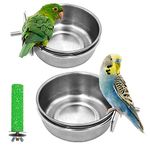 2 Pack Birds Food Dish Parrot Stainless Steel Feeding Cups Bird Feeders Water Cage Bowls with Clamp Holder and 1 Pcs Bird Perch Stand Toy for Parakeet Cockatiels Lovebird Budgie Chinchilla (H01)