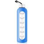 1 Liter Glass Water Bottle with Stainless Steel Lid - 1000ml Sports Drinking Bottle with Time Marker, Reusable Shatterproof Silicone Case Bottle for Fitness Gym Outdoor Travel Workout (Light Blue)