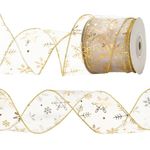 KINGLAKE Christmas Tree Ribbon Gold Wired Ribbon Organza, 10 Yards 2.5Inch Xmas Tree Ribbon Glitter Snowflake Sheer Ribbon for Wreaths Gift Wrapping Christmas Tree Garland Decorations Making Bows