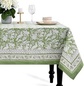CPC Tablecloth 100% Cotton 72x160 Inch Indian Block Print Rectangle Table Cover, Green Table Cloth for Weddings, Thanksgiving, Christmas- Olive Green