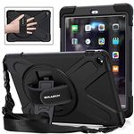 iPad Air 2 Case, iPad Air 2 Case for Kids, BRAECNstock[Heavy Duty] Full-Body Rugged Hybrid Protective Case Built-in Stand/Hand Strap/Shoulder Strap for Apple iPad Air 2nd Generation A1566/A1567 Black