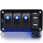 Purishion 3 Gang Rocker Switch Aluminum Panel with Voltmeter & Dual USB(4.8 Amps) Fast Charging, Blue Backlit Led, Pre-Wired IP65 Waterproof for Marine, Boat, Car, Truck, Polaris, Jeep (Blue)