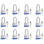 Keyed Alike Laminated Steel Padlocks, (40mm) Wide, 12 Pack Long Shackle Padlock, Blue Hoop, for Gym Locker & StorageUnit or More