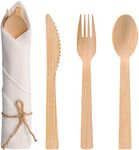 Pre Rolled Napkin and Bamboo Cutlery Set - 50Pack Bamboo Utensils/Compostable Cutlery(50 Forks, 50 Knives, 50 Spoons, 50 Napkins), Biodegradable Wrapped Cutlery for Party, Banquet, Wedding