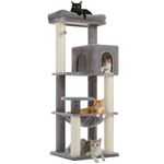 PAWZ Road 147cm Large Cat Tree with Thickened Scratching Posts (φ3.7in) for Big Adult Cats 30 lbs, 57.8 Inches Multi-Level Cat Tower Activity Center with Metal Frame Large Hammock and Condo, Grey