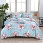 FADFAY Blue Comforter Set King 3Pcs Shabby Floral Summer Quilt 100% Cotton Fabric with Soft Microfiber Inner Fill Bedding Lightweight Reversible All Season Down Alternative Duvet Insert 3Pcs, King