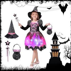 BGIUSQF Disfraz de Bruja para Niña, Disfraz Halloween Niña, LED Vestido de Bruja para Niña, Con Gorro, Varita Mágica y Bolsa de Caramelos, Disfraz Halloween Bruja Niña, 130cm Girls' Witch Traje