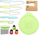 GeeRic 11 Pieces Kids Kitchen Knife Set, Kids Knives for Real Cooking with Cutting Board, Wood Kids Safe Knife, Serrated Edges Plastic Toddler Knife, Crinkle Cutter, Sandwich Cutter, I Peeler