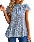 Aranmei Blouses for Women Casual Chiffon Blouses Crewneck Smocked Ruffle Hem Slim Babydoll Blouse Shirt, Light Blue, S