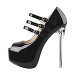 MissHeel Womens' Invisible Platform Clear Stiletto Pumps Peep Toe Triple Buckle Straps Party Dress Mary Jane Court Shoes Black, Size 8