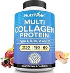 Nutrivein Multi Collagen Pills 2250mg - 180 Collagen Capsules - Type I, II, III, V, X - Anti-Aging, Healthy Joints, Hair, Skin, Bones, Nails, Hydrolyzed Protein Collagen Peptides for Woman and Men