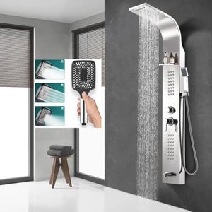 X-XONIER Stainless Steel 304 Grade Shower Panel 5In1+3 way handheld shower set, Tower System, Rainfall Shower, Body Massage Spray, storage shelf Wall Mount Easy Connect Shower Panel Silver
