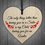 RED OCEAN SISTER Child Having You As Auntie Gift Wooden Hanging Heart Christmas Plaque Aunt Birthday Gift New