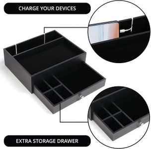 BELLE VOUS Men’s Black Valet Tray with Drawer – 7-Compartment Bedside Organizer