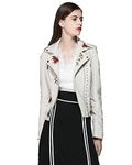 LY VAREY LIN Women's Floral Embroidered Faux Leather Moto PU Jacket Coat, Beige, X-Large