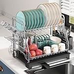 romision Large Dish Drying Rack, 2 Tier Dish Racks and Drainboard Set with Utensil Holder, Dish Drainer for Kitchen Counter, Grey