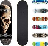 Osprey | Complete Skateboard, 31" x 8" Double Kick Skateboard for Kids and Adults, Concave Deck, Includes Grip Tape, Deck and Wheels, Skull Sessions, Multiple Designs