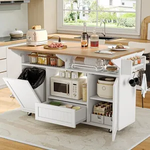 Einhomn 55" Kitchen Island with Power Outlet & Drop Leaf, Mobile Island Table, Rolling Cart with Trash Storage Cabinet, Portable Kitchen Island with Spice Rack, Towel Rack & 4 Side Hooks, White