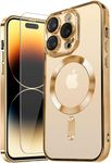 MH TECH Electroplated Case for iPhone 15 Pro Max Camera Lens Full Protection, Compatible with MagSafe Wireless Charging, Shockproof Soft TPU Phone Cover (Gold)