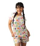 Hestia |Co-Ord Cotton Night Suit for Women| Co-Ord Night Wear Dress Set with Shorts and Top & T-Shirt | Breathable Fabric | Shrink Free Night Dress Material | Multicolor Heart | Off White | L | Set 1