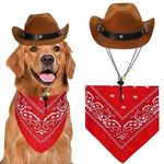 GOYOSWA Dog Halloween Costumes, Dog Cowboy Costume Halloween Dog Cowboy Hat Halloween Dog Bandana Scarf Funny Dog Halloween Costumes for Small Medium Large Dogs Pets (Brown Hat & Red Bandana, Large)