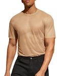 WDIRARA Men's Floral Print See Through Round Neck Short Sleeve Mesh Tshirt Party Top, Pure Khaki, Large