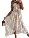 CUPSHE Women Maxi Dress V-Neck Tassel Ruching Dress for Women Sleeveless Lace Up Smocking Ruffle Beige M