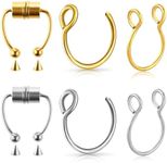 Yolev 6 Pieces Nose Rings Fake Nose Ring Magnetic Septum Fake Nose Ring Hoop Stainless Steel Inlaid Jewelry Horseshoe Faux Clip Nose Ring on Non-Pierced Nose Ring for Women Men