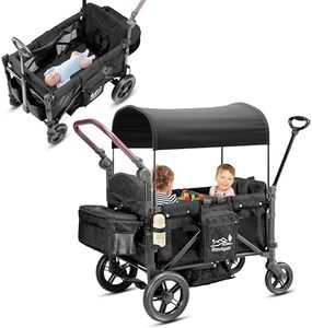 Rovique Wagon Stroller for 2 Kids,Premium Wagon for Kids with Removable Canopy, Snack Tray, Convertible Baby Bassinet, 5-Point Safety Harness, All-Terrain PU Wheels&Adjustable Push/Pull Handle (Black)