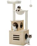 PEQUILT Cat Tree, 55.5" [141cm] Cat Tower with Replacable Top Bed and Leaves, Modern Wooden Cat Furniture with Litter Box Enclosure, Cat Condos with Scratching Posts for Indoor Cats, Beige