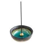 Asayu Japan Small Mini Incense Holder for Sticks 3.3 inch (83mm), Made in Japan Ceramic Ash Catcher and Brass Incense Burner Set for Yoga, Meditation, Relaxation (Small Mini Nature Aquamarine)