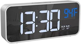 Digital Alarm Clock, Mirror HD Led Display, Sound Control, Dual Alarms, Snooze, Temperature, Volume&Brightness Adjustable, Rechargeable Backup Battery, Suitable for Bedrooms and Kids (Silver)