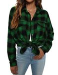 Blooming Jelly Women's Button Down Flannel Shirts Plaid Shacket Long Sleeve Collared Business Casual Tops Work Blouses, Green and Black Paid, Medium