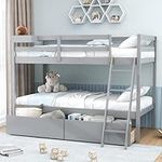 KOMFOTT Twin Over Twin Bunk Bed with 2 Roll-Out Drawers, Wood Bunk Bed Frame with Removable Storage Box, Bunk Bed with Ladder & Safety Guardrail for Dorm Apartment Home, No Box Spring Needed (Grey)