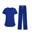 MEDSKIN Essential Scrubs Set for Women - Lightweight V-Neck Scrub Top & Yoga Waistband Trouser Pants (Royal Blue, XL)